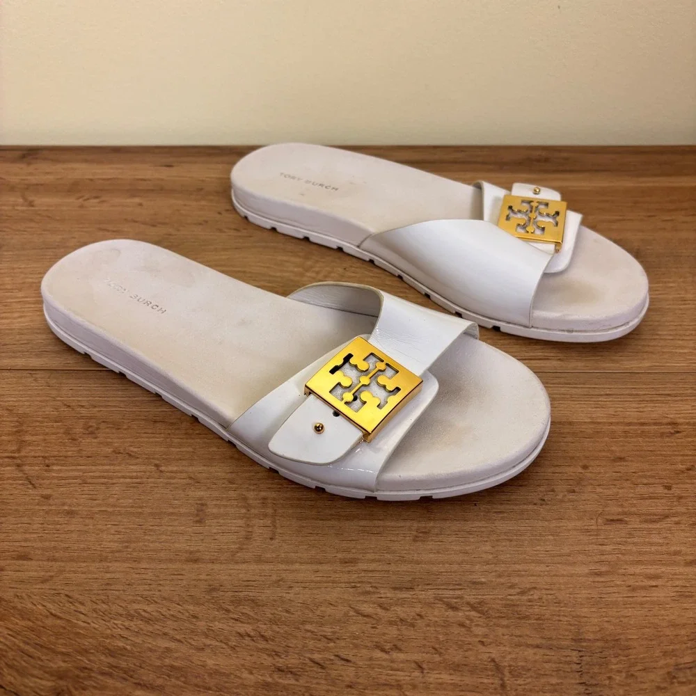 TORY BURCH Mellow Slide Sandals White Gold Metal Buckle Women Size 8 Flat Casual